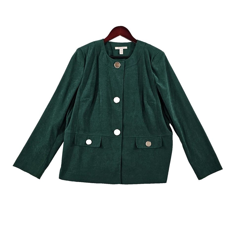 JM Collection‎ Womens Jacket Chunky Button Long Sleeve Faux Suede Green Size 14